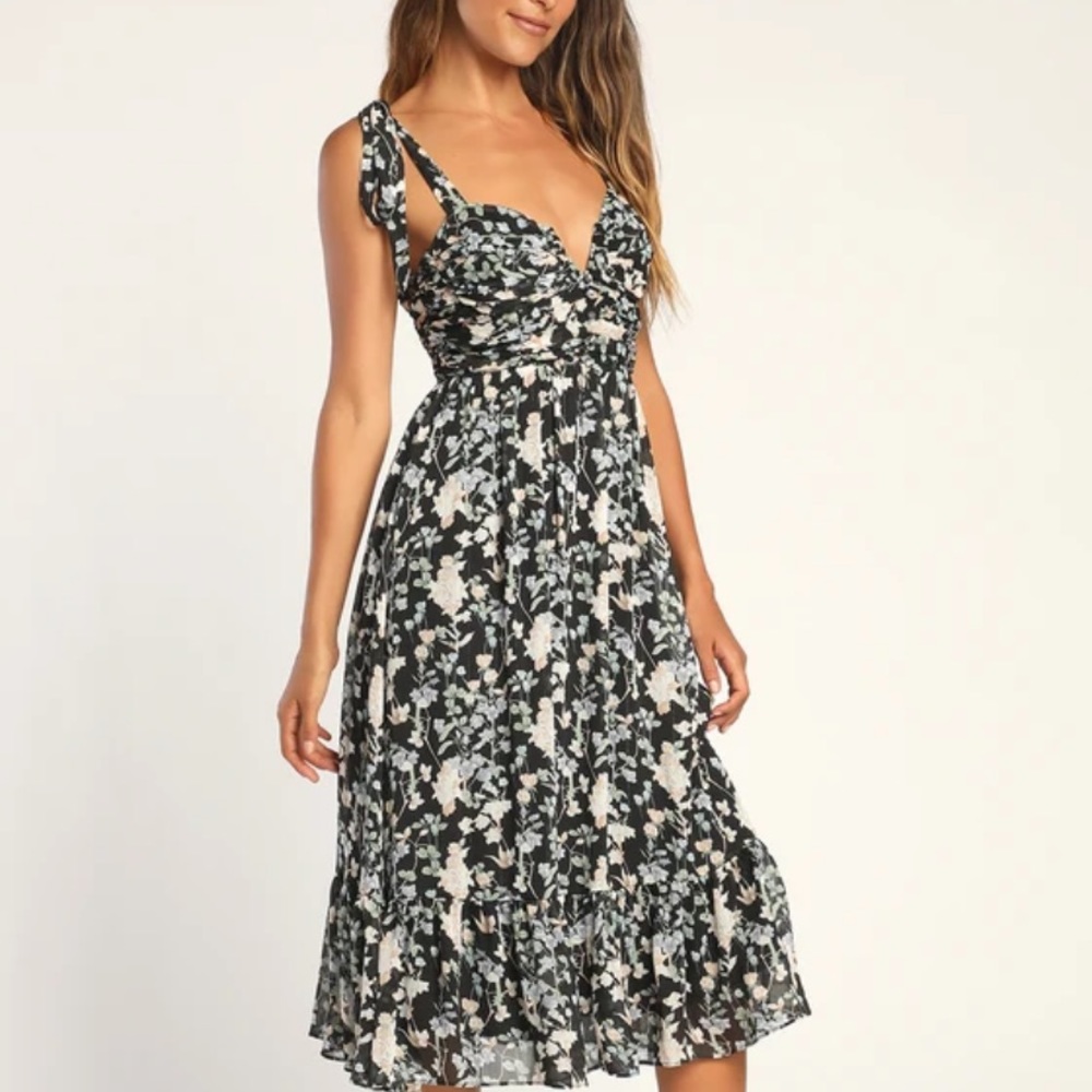 Lush Loveliness Black Floral Lurex Tie-Strap Midi Dress (New without tags)